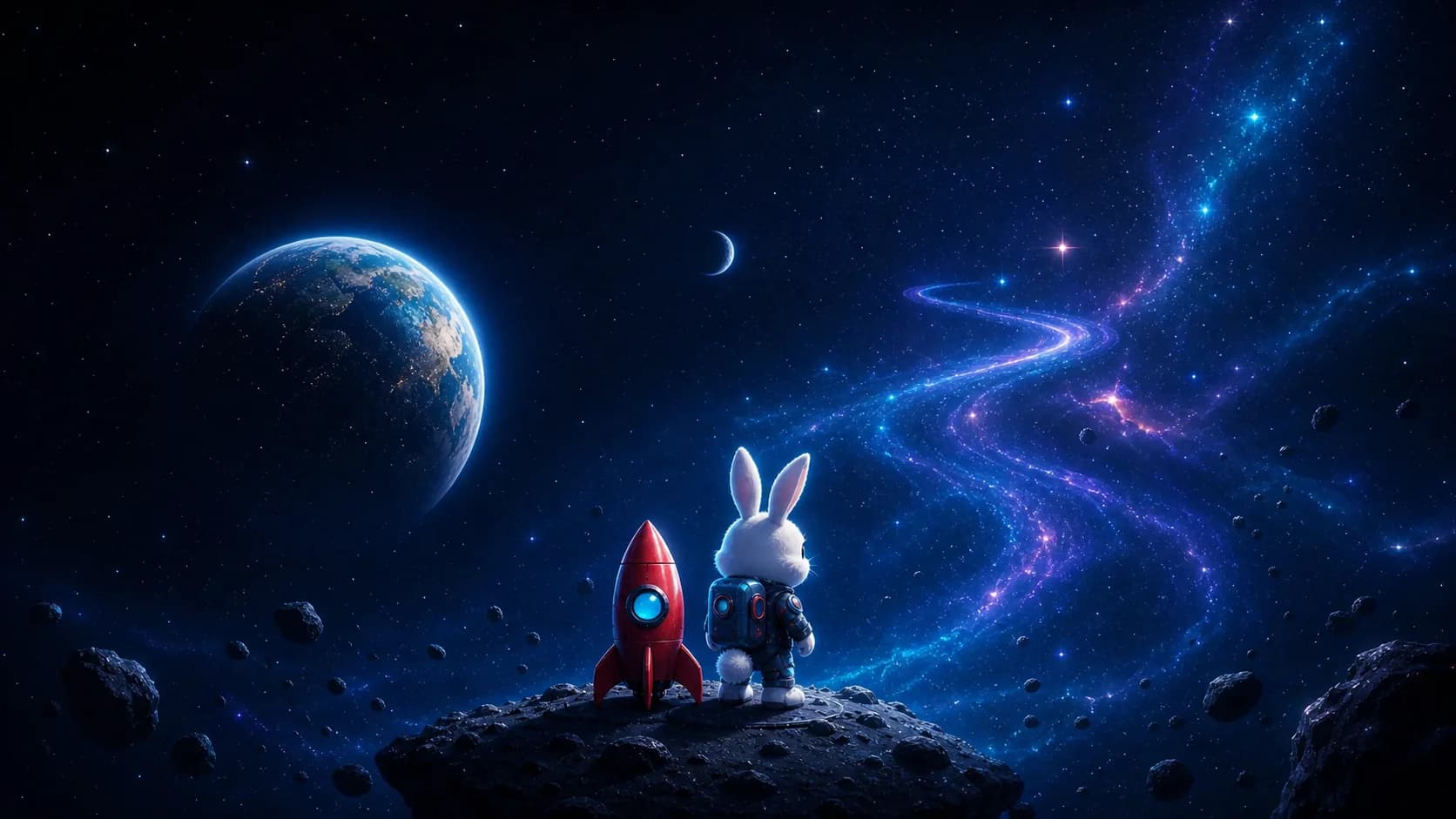 A tiny bunny astronaut far from Earth looking toward a glowing path through space.