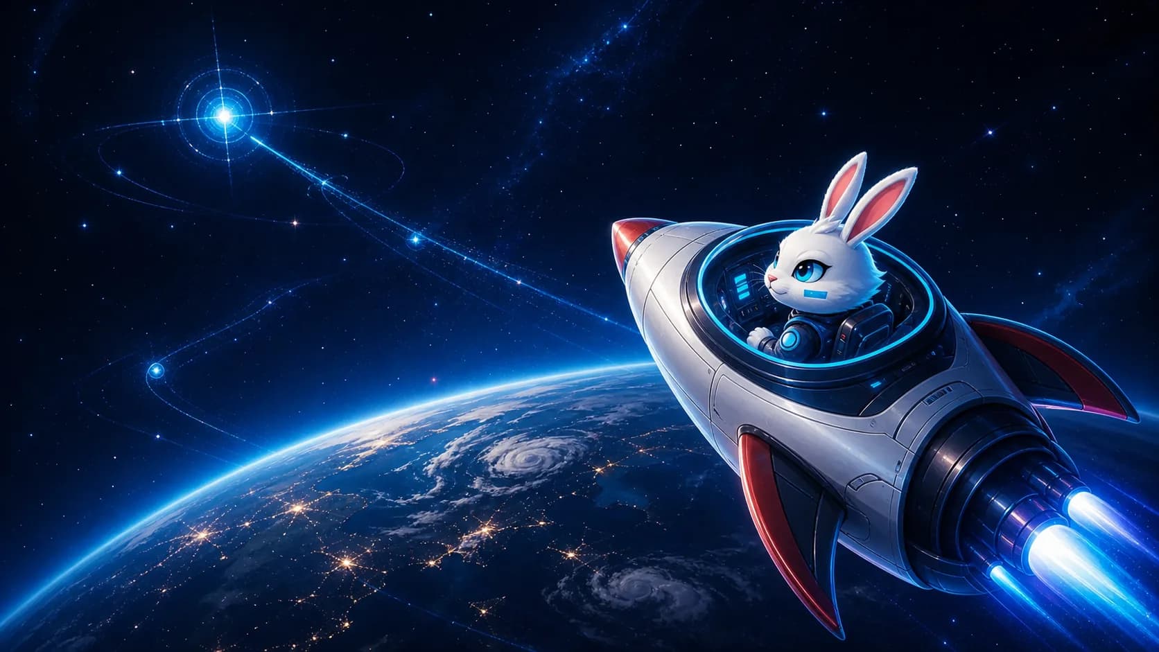 Little Bunny Rocket flying above Earth toward a glowing route marker.